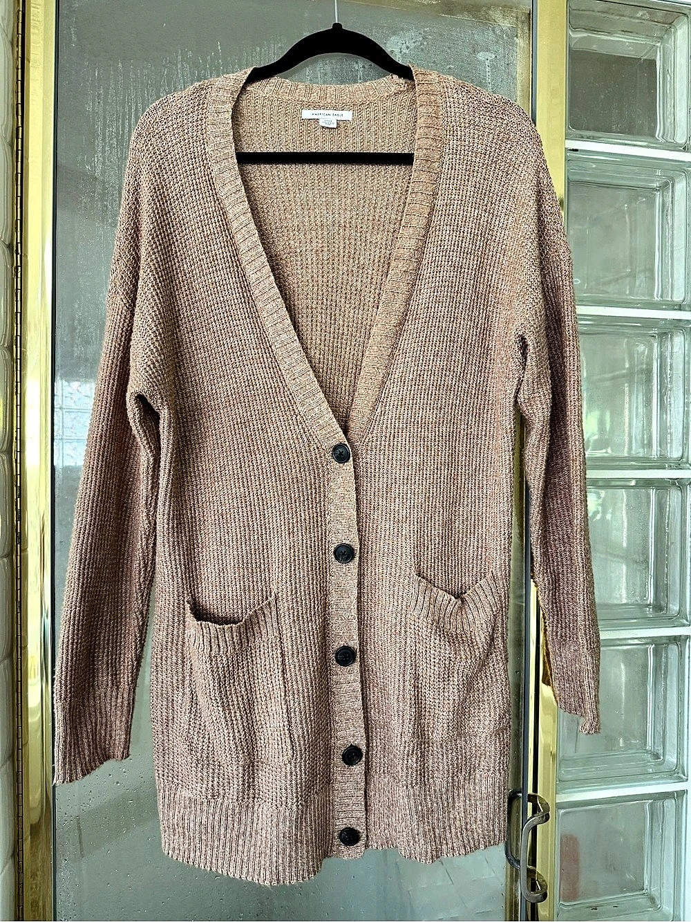 American Eagle Longline Button-Front Cardigan in Light Brown Women's Size Small
